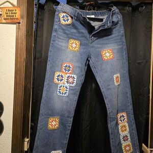 Oli & Hali Blue Straight Leg Pants with Crochet Accents